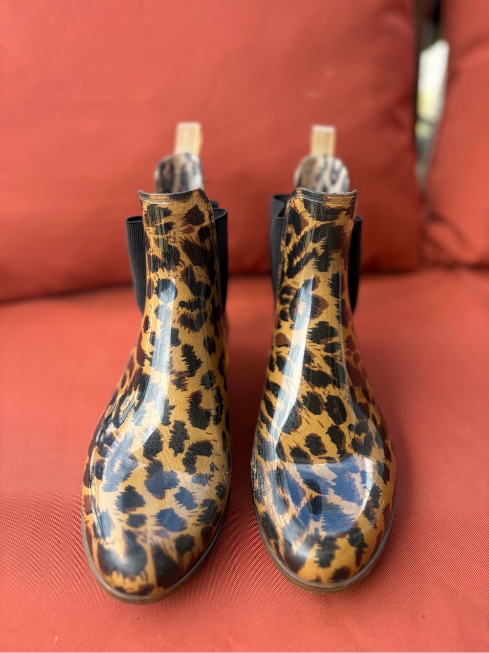 Leopard Print Rain Chelsea Boots - Glossy Brown Black